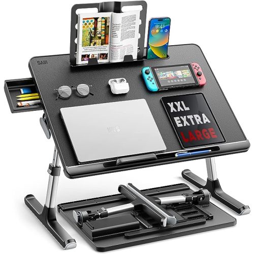 Laptop Bed Tray Desk, SAIJI X-Large Adjustable Laptop Table, Foldable Laptop Desk with Storage Drawer and Bookstand for Eating, Working, Writing, Gaming, Drawing (Black)