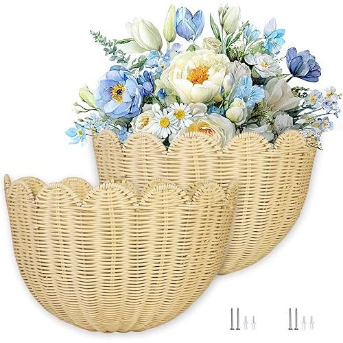 2 PCS Wave Wall Basket,15.7x10x8 in.Hand-woven by of intangible cultural Rattan Hanging Basket Woven Wicker Wall Mounted vine scallop wall basket Environmentally friendly