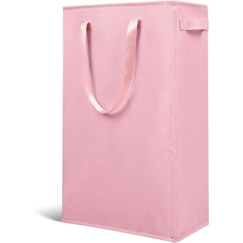 Odonata Slim Laundry Hamper Handles Collapsible Laundry Basket Thin Dirty Clothes Basket Narrow Laundry Bag Foldable Dirty Hamper 45L (Pink)