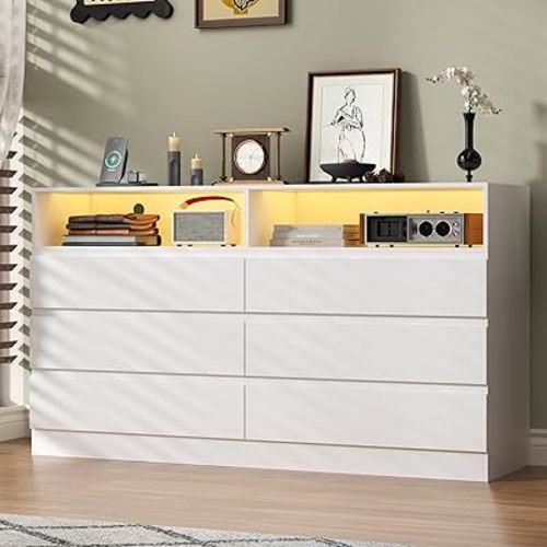 6 Drawer Dresser for Bedroom with Power Outlet, White Dressers with LED Light, Dresser Chest of Drawers for Closet, Wooden Dressers Organizer Cabinet for Living Room, Entryway, Hallway
