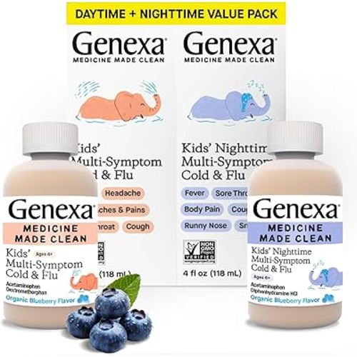 Genexa Kids' Clean Cold & Flu Relief Day/Night Multi-Symptom, Dye Free, 0% Artificial Additives, Children's Liquid Pain, Fever & Cough Medicine, Ages 4-11, Organic Blueberry Flavor, 8 fl oz (2 Pack)
