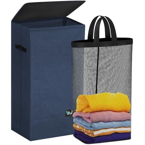 Laundry Hamper with Lid, Reinforced Sturdy Clothes Hamper with Anti-Puncture Base, Large Collapsible Laundry Basket with Removable Liner Bag, Tall Dirty Clothes Bin for Family, 100L Navy Blue