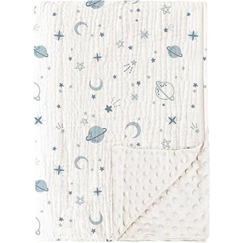 Konssy Baby Blankets for Unisex Boys Girls, Super Soft Nursery Minky Blankets with Muslin Cotton Front and Dotted Fleece Backing, Printed Bed Throws Newborn