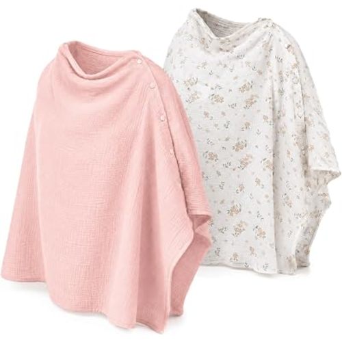 2 Pack Muslin Nursing Cover for Breastfeeding Pure Breathable Cotton Feeding Scarf with Privacy Cloak 25.6" x 25.6" Adjustable Soft Floral Pink Gauze Nursing Apron for Moms Multi-use Stroller