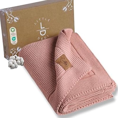 100% Organic Cotton Baby Knitted Blanket with Gift Box - Soft Toddler, Crib, Stroller Blanket - Neutral Swaddle and Receiving Blanket for Newborns, 30"x40", Pink