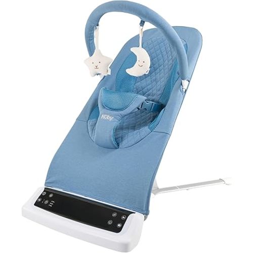 Nuby Deluxe Baby Bouncer Seat - Portable Infant Bouncer with Music, Fun Sounds, and Soothing Vibrations - Digital Display - 0-6 Months - Navy Blue