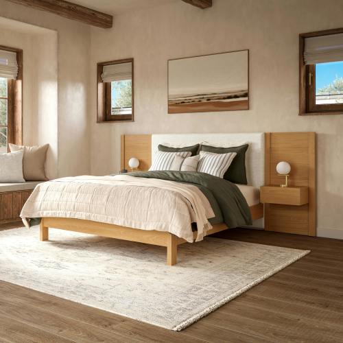 Cassie Queen Upholstered Bed with Nightstands - Natural Oak and Ivory Chenille