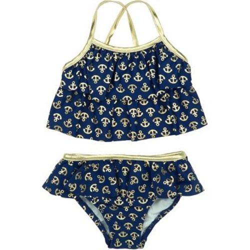 KIKO & MAX Infant Girls' 2-Piece Ruffled Top Bikini Swimsuit Set, Navy/Gold-Anchor, 24 Months