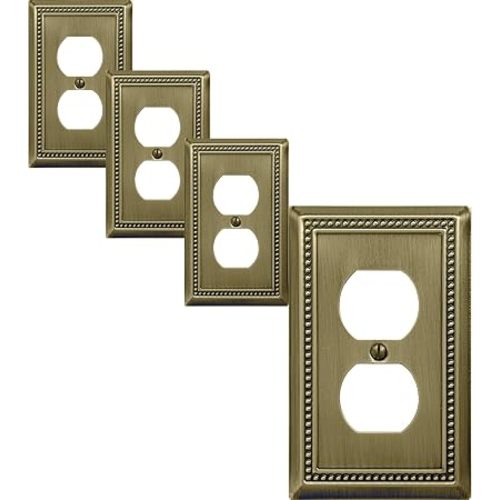 OKAWYC Single Duplex Outlet Light Switch Cover Belaire Beaded Metal Wall Plate, 4-Pack Antique Brass 1 Gang, for Receptacle Light Switch, Switch Cover Decorative Wallplate, Durable