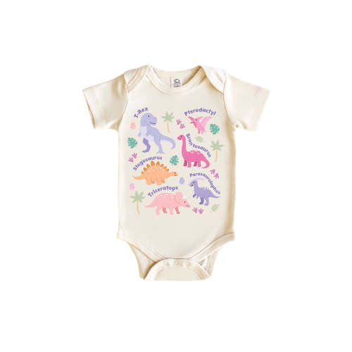 Dino Names Pink Graphic Bodysuit & Kids Tee | Natural