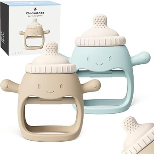 2Pack Baby Teething Toy for Over 3 Month, Food Grade Silicone Teething Mitten, Anti Dropping Wrist Hand Teethers Baby Chew Toys for Sucking Needs, BPA Free (Patent Pending) (Blue & Beige)