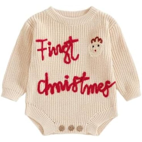MoZiKQin My First Christmas Baby Girl Boy Outfit Knit Sweater Romper Embroidered Long Sleeve Jumpsuit Fall Winter Clothes