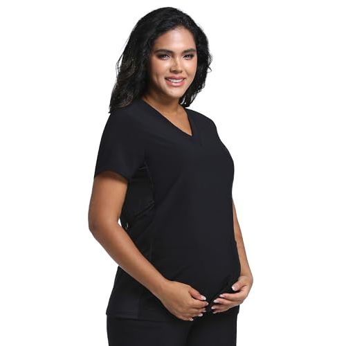Maternity Scrub Top - V-Neck Shirt, Workwear Pregnancy Scrubs with 2 Pockets, Adjustable Side Panels