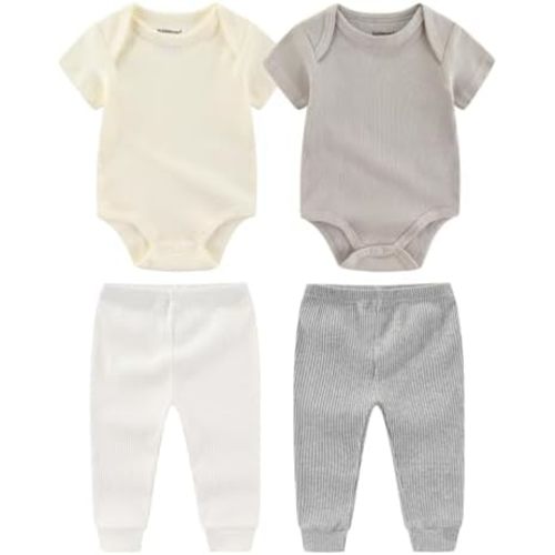 Newborn Baby Layette Set 4-Piece with Bodysuits and Pants Set for Unisex Baby Gift Sets