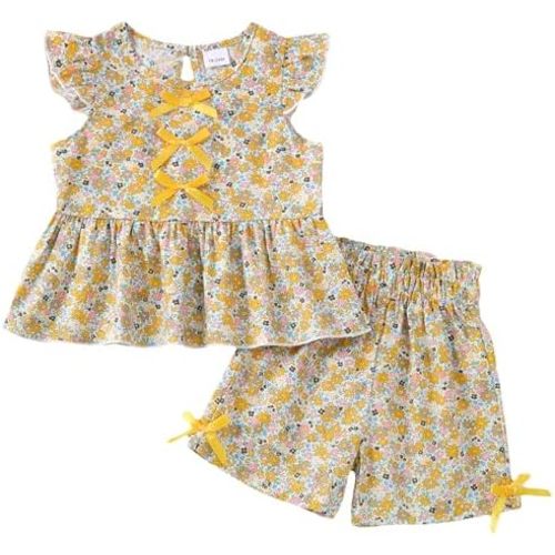 Jecson Toddler Baby Girl Summer Clothes Cotton Ruffled Sleeve Shirt Tops and Shorts Set Outfits 12Months-4T