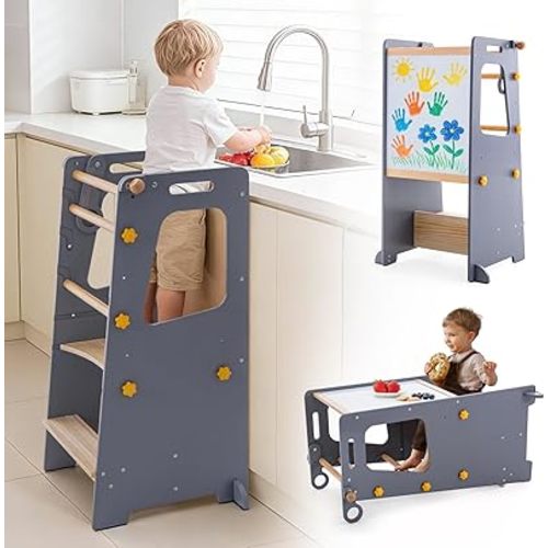 Toddler Standing Tower, Kitchen Stool Helper with Whiteboard, Adjustable Height Kids Toddler Step Stool with Anti-Slip Protection, Kids Step Stool with Safety Feet for Kitchen Bathroom