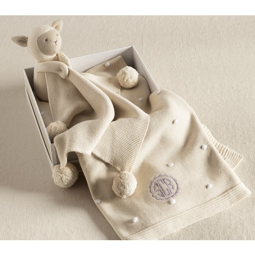 Cotton Sweater Knit Baby Blanket And Thumbie Set, Ivory Lamb