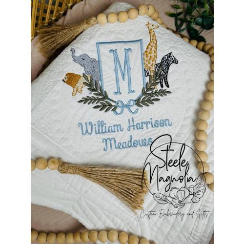 Safari Animal Baby Blanket Nursery Decor Custom Name Baby Heirloom Quilt Personalized Embroidered Baby Blanket Zoo Safari Baby Shower Gift