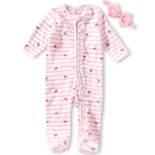 Adventurewear 360 Baby Girls Cherry Stripe Ruffle Long Sleeve Footie