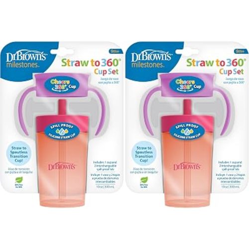 Dr. Brown's Milestones Straw to 360 Convertible Toddler Training Cup Set with Interchangeable Silicone Straw and 360 Degree Cup Lids, Pink Coral, 10 oz/300 mL, BPA-Free, 9m+, 2-Pack