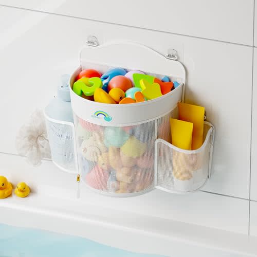 Austion Hanging Bath Toy Storage - Large Opening Quick Dry Mesh Bath Toy Holder with 2 Side Pockets and Bottom Zipper, Space-Saving Bath Toy Organizer for Kids Bathtubs - White