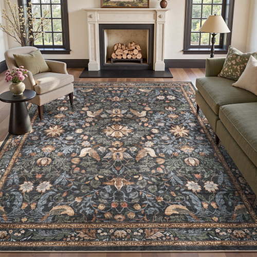 SIXHOME 5'x7' Rugs for Living Room Botanical Washable Rugs Boho Floral Birds Carpet Ultra Soft Nature Plants Modern Indoor Rugs for Bedroom Dining Room Office Vintage Home Decor Dark Green