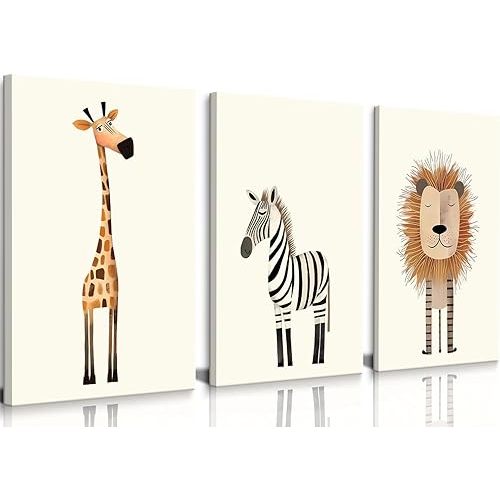 Safari Nursery Wall Art Baby Animal Canvas Wall Decor Cute Giraffe Lion Zebra Jungle Pictures Prints Posters for Baby Boy Girl Children's Room Bedroom Home Decorations 16x24inx3 Framed
