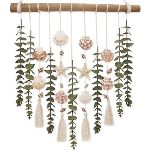 Bathroom Wall Decor Artificial Eucalyptus Boho Bedroom Decor Fake Eucalyptus Plants Leaves with Seashell on Stick Coastal Decor Natural Home Decorations for Living Room Nursery Kitchen