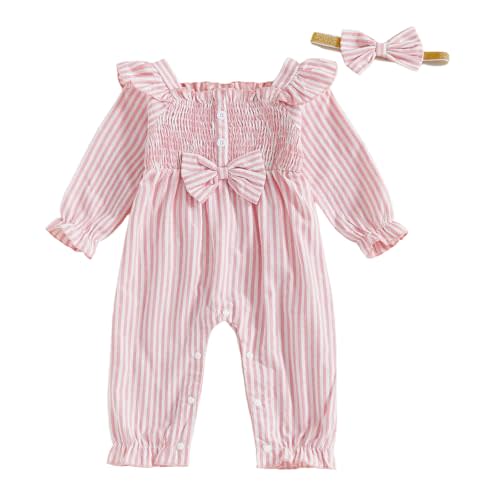 Newborn Infant Smocked Baby Girl Clothes Plaid Bubble Romper Long Leg Bodysuit Bow One-Piece Jumpsuit