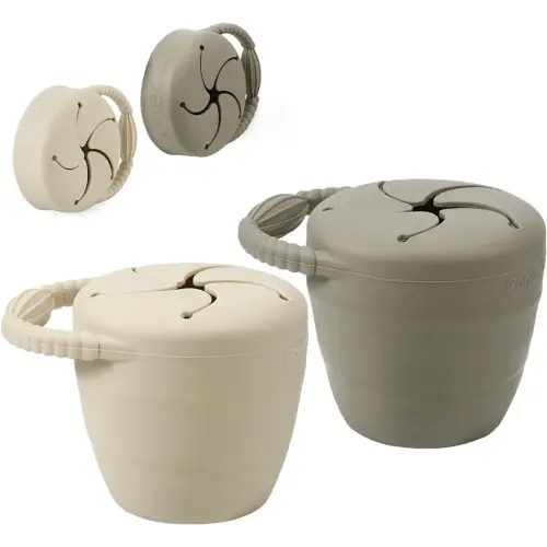 PandaEar Silicone Snack Containers, Collapsible Toddler Snack Cups Spill Proof Food Catcher for Toddler Baby, Pack of 2 (Light Tan/Walnut)