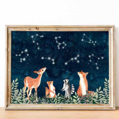Forest Animals Art Print: Celestial Nursery Decor