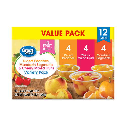 Great Value Diced Peaches, Mandarin Segments, & Cherry Mixed Fruits Variety Pack, 4 oz, 12 Pack