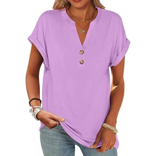 ANRABESS Womens Short Sleeve Henley Tops V Neck Dressy Casual Blouses Summer Trendy Tee Shirts 2026 Vacation Fashion Clothes
