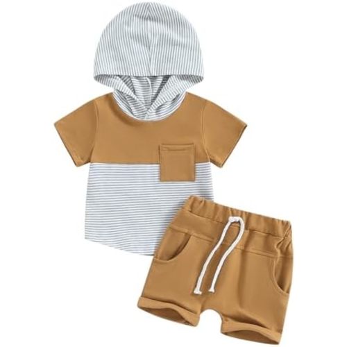 Toddler Baby Boy Summer Hooded Outfit Contrast Color Short Sleeve T Shirt Top Elastic Shorts Summer Clothes Set