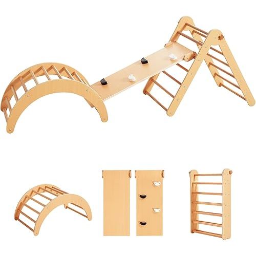 Asweets 4 in 1 Pikler Triangle Gym, Montessori Foldable Climber with Ramp, Indoor Climbing Toys for Kids, Climbing Triangle for Toddlers Arch Climber, Rocker, Learning Waldorf Children Toy, Natural