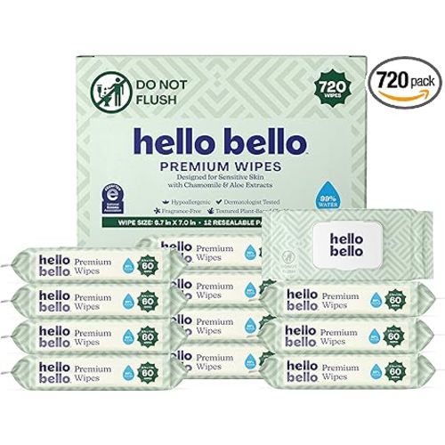 Hello Bello Premium Wipes, Designed for Sensitive Skin with Chamomile & Aloe Extracts, Simply Sage (12 Resealable Packets = 720 Total Wipes)