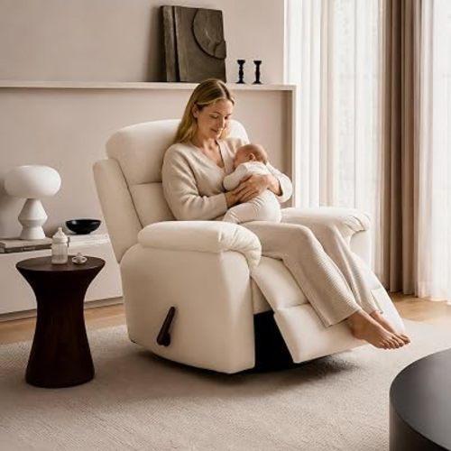FLEXISPOT Souffle Swivel Rocker Recliner with Massage & Heat, Nursery Rocking Glider Chair with 28" High Back, Manual Recliner for Living Room Nursery Bedroom, White