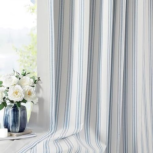 ZJDECOR 63 Inch Blue Striped Full Blackout Window Curtain Panels,Blue Stripe on White Cotton Blended Light Filteirng Fabric,Room Darkening Window Treatment for Bedroom,Rod Pocket Back Tab,55"Wx63"Lx2