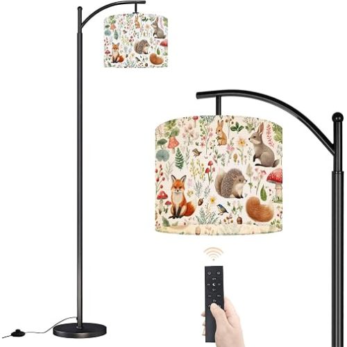 Arc Floor Lamp Woodland Animal Whimsical Forest Animals Floral Bunny Fox Rabbit Dimmable Modern Standing Lamp with Remote Adjustable Drum Shade Footswitch Tall Pole Lamp for Living Room Bedroom