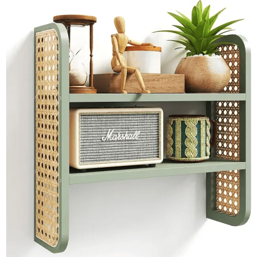 2-Tier Rattan Shelf, Green Rattan Bookshelf Wall Mounted, Handmade Woven Display Shelf, Decorative Boho Shelves for Entryway, Nursery, Kitchen, Living Room