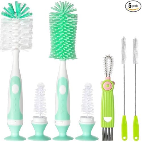 Ariseno 5-in-1 Baby Bottle Brush Set, Bottle Brush for Baby, Bottle Cleaner Brush Set, Including Nylon and Silicone Bottle Brush, Bottle Cap Brush, Straw Brush, Nipple Brush, BPA-Free (Green)