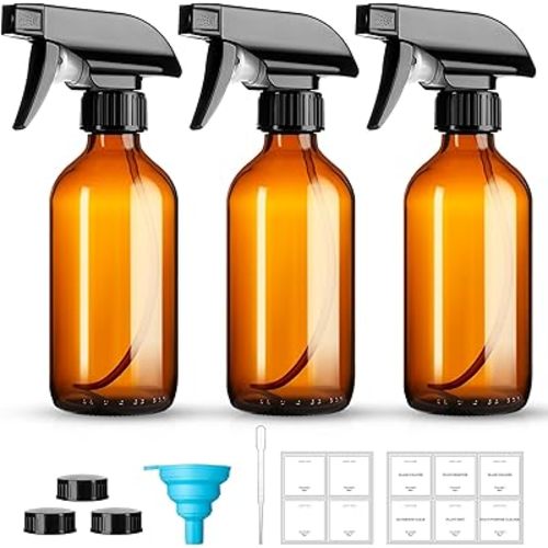 8oz Amber Glass Spray Bottles,3 Pack Glass Spray Bottles Refillable Empty Bottle with Adjustable Nozzle,Spray Bottle for Essential Oils,Cleaning Solutions,Pets,Hair Mister,Gardening