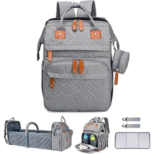 Baby Diaper Bags with Changing Station Multifunctional Waterproof Diaper Bag Backpack Travel Baby Bag with Changing Pad, Pacifier Case,Baby Essentials(Grey)