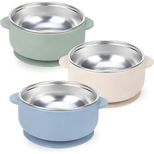 Baby Bliss 3 Pack Baby Bowls with Suction, Canadian Mom Owned Brand, 100% Premium Stainless Steel & Silicone Feeding Set, Toddler Bowls, Baby Feeding Essentials, BPA Free (Almond, Sage, Dusty Teal)