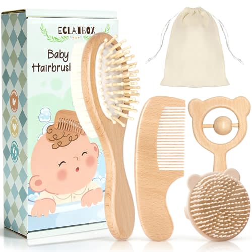 Baby Hair Bush and Comb Set, 5 Pack Wooden Baby Brush with Soft Goat Bristle for Newborns and Toddlers, Perfect for Cradle Cap, Baby Registry Gift, Infant Essentials Care Kit