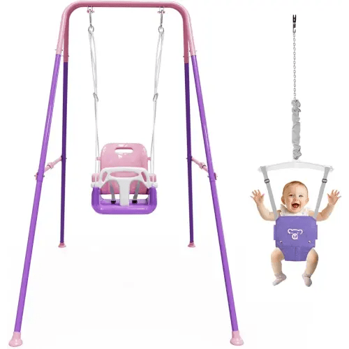 2 in 1 Toddler Swing & Baby Jumper, Foldable Baby Bouncer with Soft Cushion, Foldable Indoor & Outdoor Use, Easy to Install & Store Swing Sets for Backyard Play (Pink)