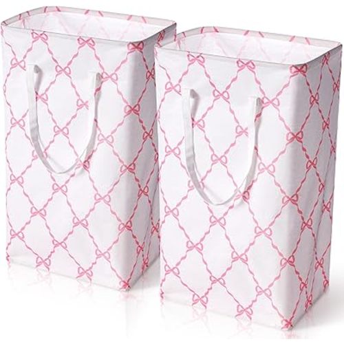 Leinuosen 2 Pcs Bow Pink Laundry Basket Pink Laundry Hamper Large Collapsible Bow Storage Baskets Cute Nursery Clothes Waterproof Hamper Room Organization for Bedroom Decor(Grid)
