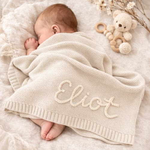 Custom Name Baby Blanket, Personalized Cotton Knit Blanket, Baby Shower Gift, Newborn Baby Keepsake