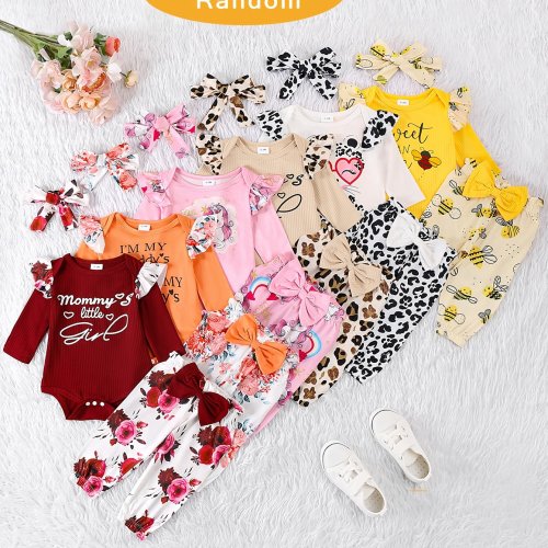 3 Sets of Random Newborn Autumn and Winter Letter Print Long Sleeve Rompers with Pants, Perfect for Outdoor, Baby Girl Outfits