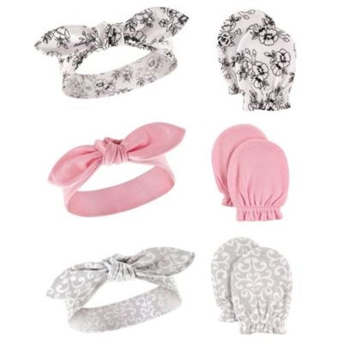 Hudson Baby Infant Girls Cotton Headband and Scratch Mitten 6pc Set, Toile, 0-6 Months